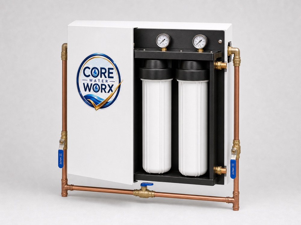 Core Water Worx whole-home filtration system, cut-away view of the twin 20-inch filters and gauges