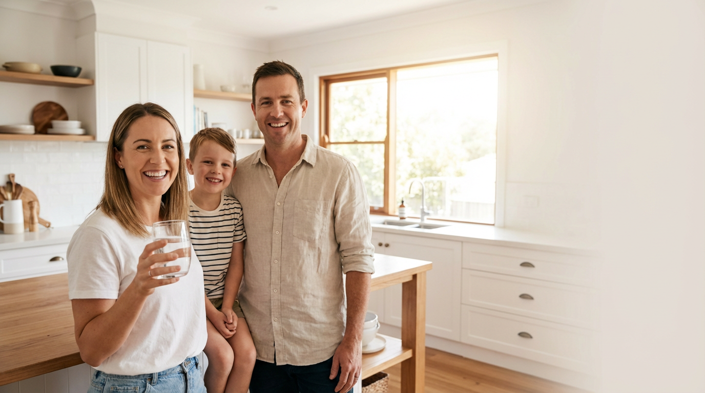 Perth family in kitchen with whole home water filtration by Core Water Worx